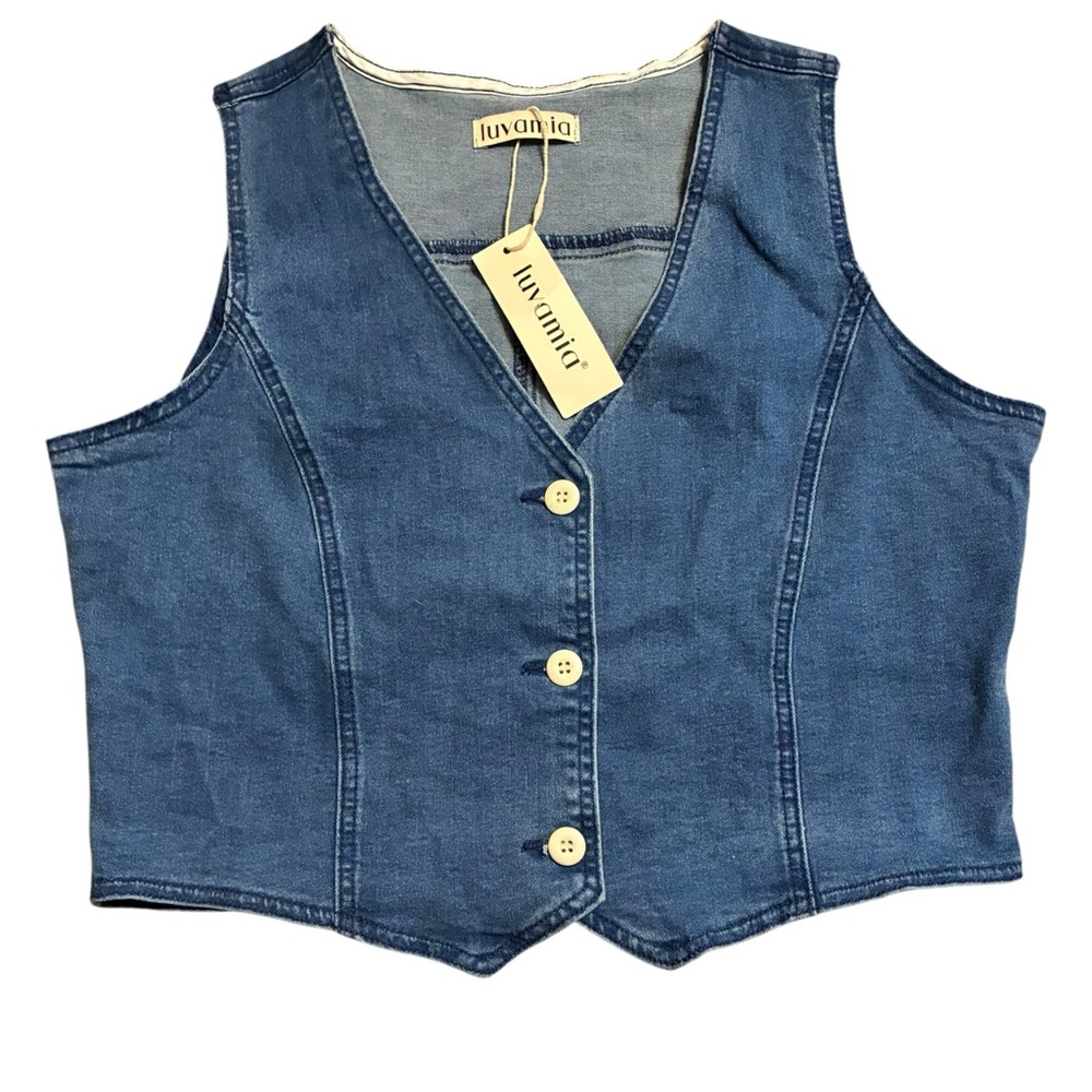 luvamia Stretchy Crewneck‎ Denim Vest Button Down NWT